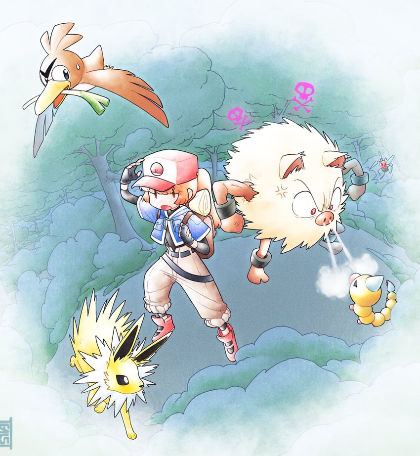 jolteon, farfetch'd, beedrill, weedle, primeape, and 1 more (original and 1 more) drawn by tealst