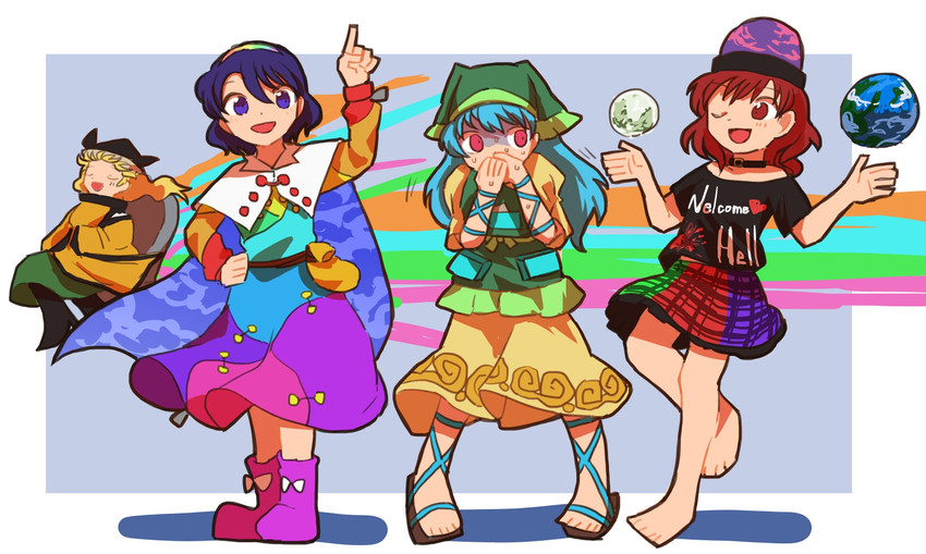 hecatia lapislazuli, matara okina, haniyasushin keiki, and tenkyuu chimata (touhou) drawn by donki_(yeah)