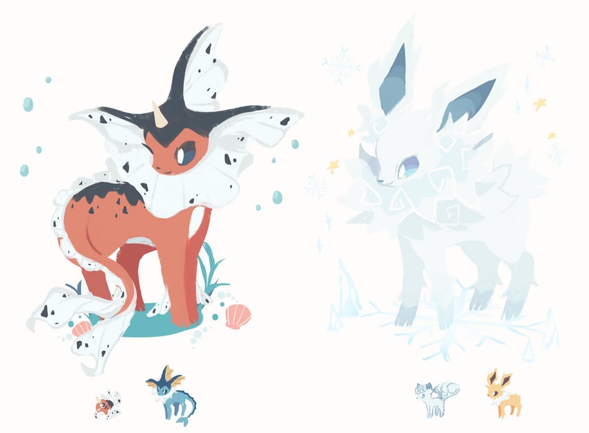 vaporeon, jolteon, alolan vulpix, and seaking (pokemon) drawn by charamells