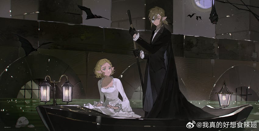 link, princess zelda, erik, and christine daae (the legend of zelda and 2 more) drawn by akihare