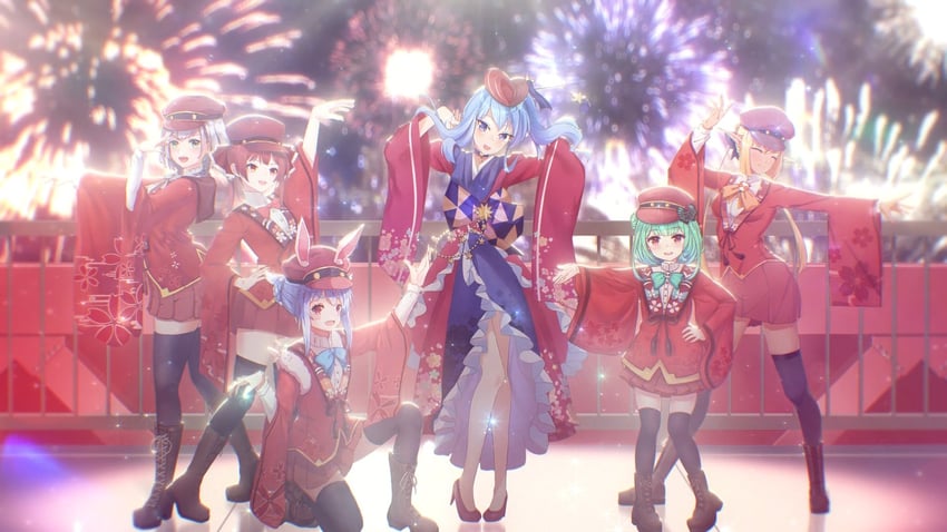houshou marine, hoshimachi suisei, usada pekora, shirogane noel, uruha rushia, and 2 more (hololive and 1 more) drawn by alset, moegala, ponja_chan, and s-mui