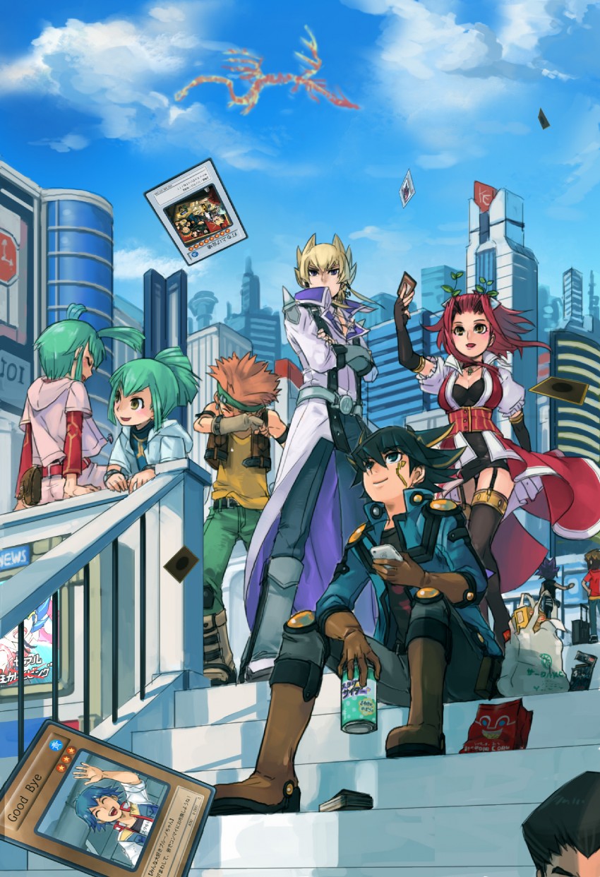 yuki judai, fudo yusei, izayoi aki, muto yugi, jack atlas, and 7 more (yu-gi-oh! and 4 more) drawn by mayday