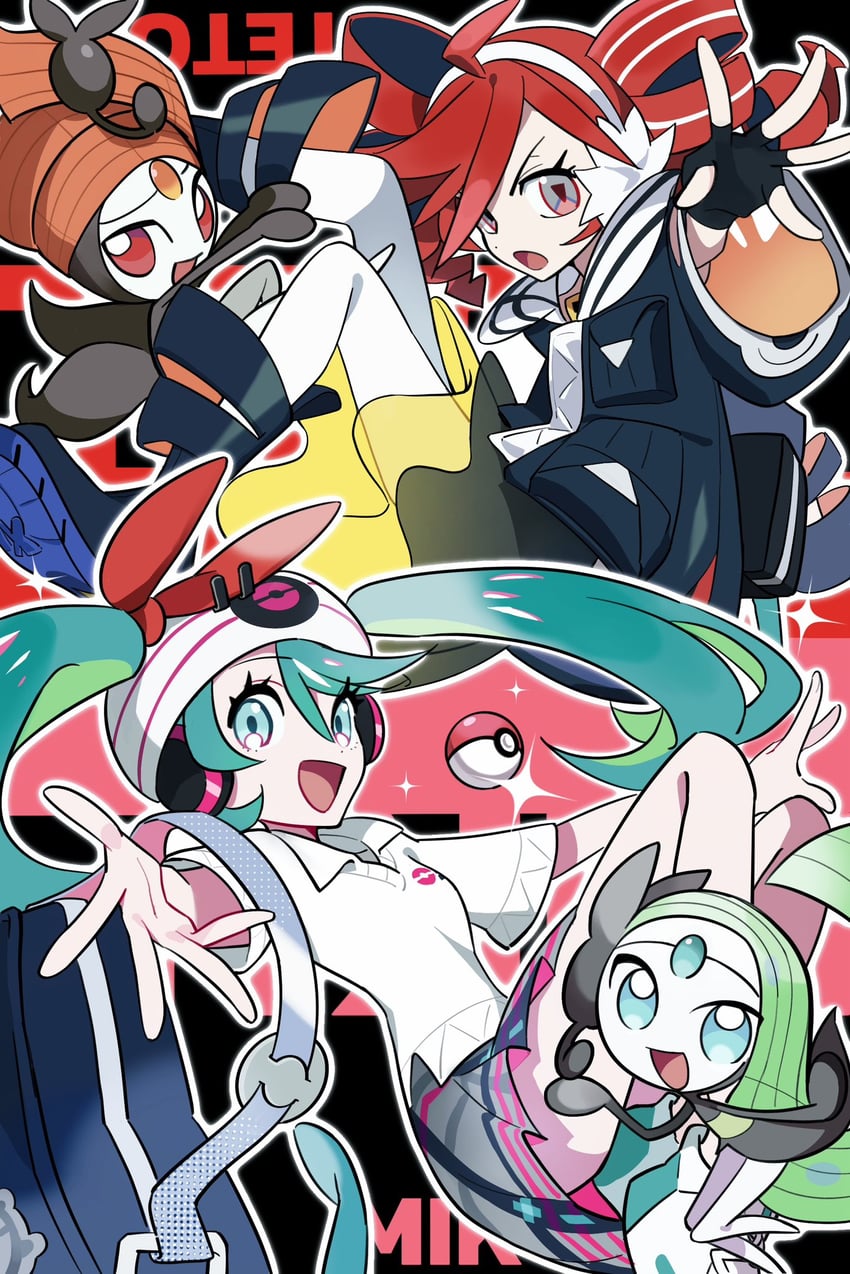 hatsune miku, kasane teto, meloetta, psychic miku, and rival teto (pokemon and 3 more) drawn by ashinames
