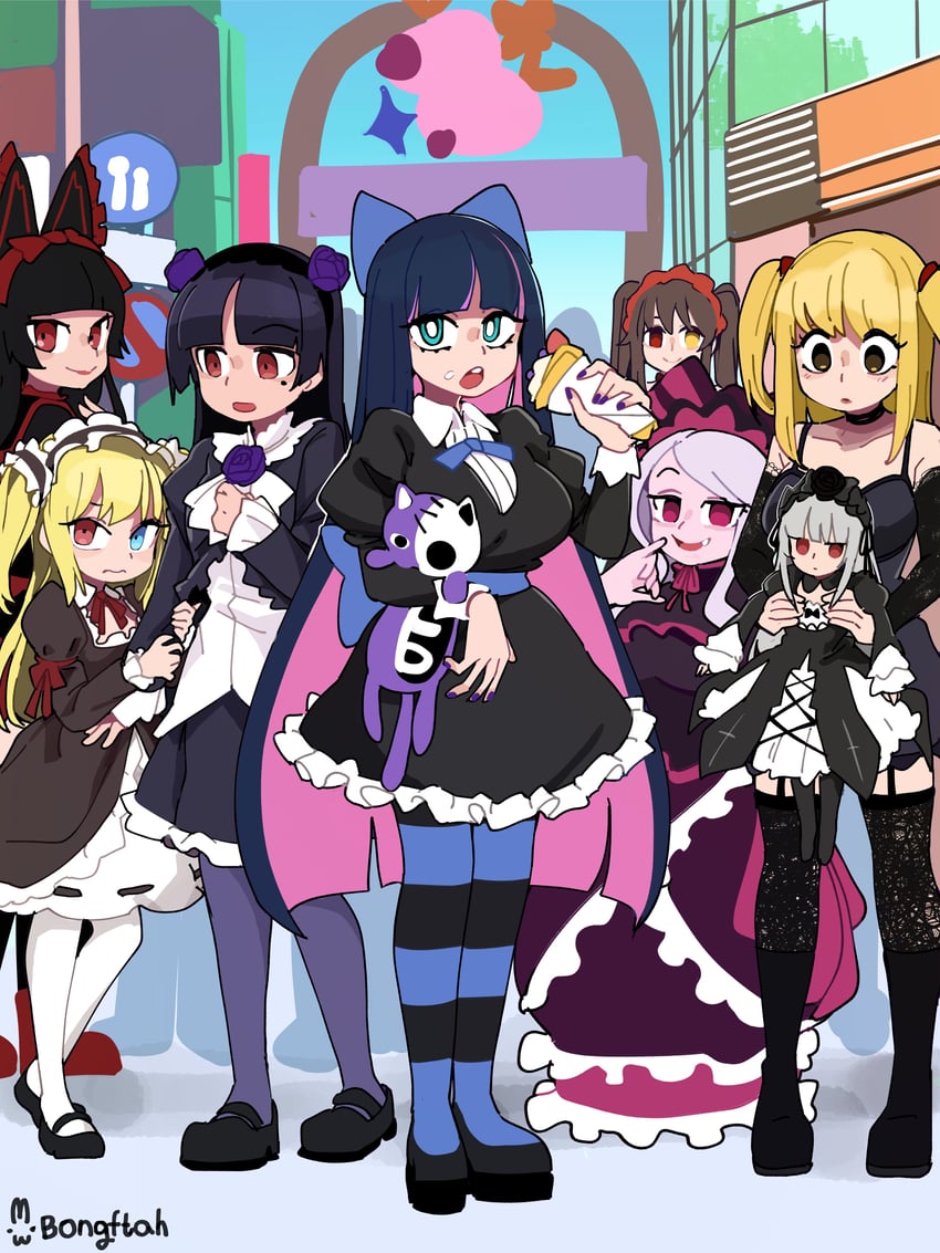 suigintou, stocking, gokou ruri, tokisaki kurumi, hasegawa kobato, and 3 more (rozen maiden and 7 more) drawn by bongfill