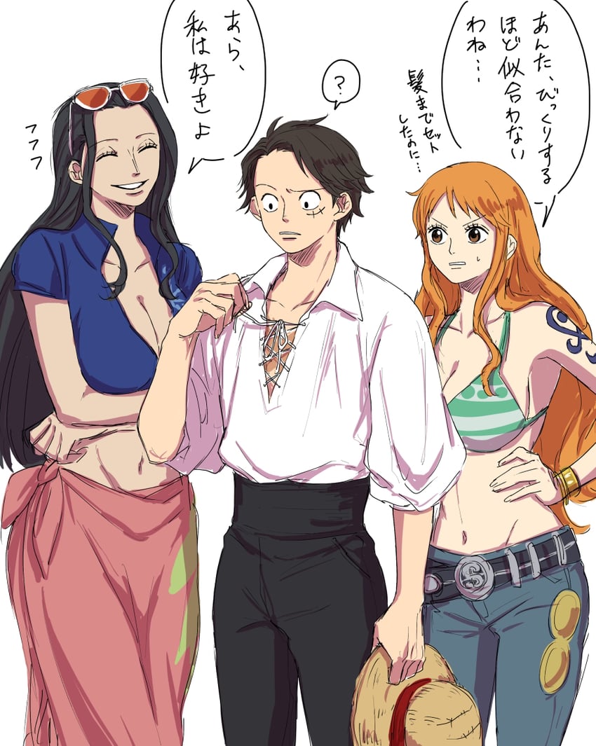 nami, monkey d. luffy, and nico robin (one piece) drawn by pentsu