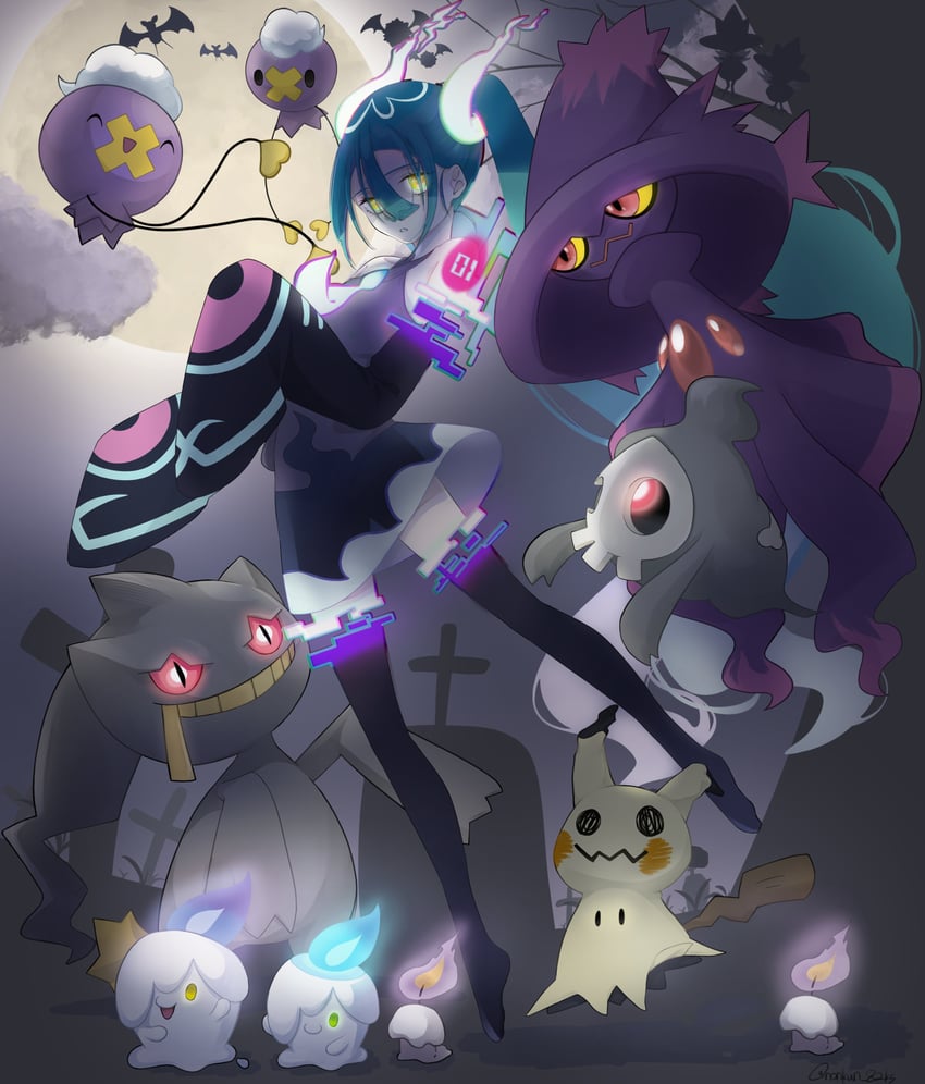 hatsune miku, mimikyu, litwick, drifloon, mismagius, and 6 more (pokemon and 2 more) drawn by nonkun