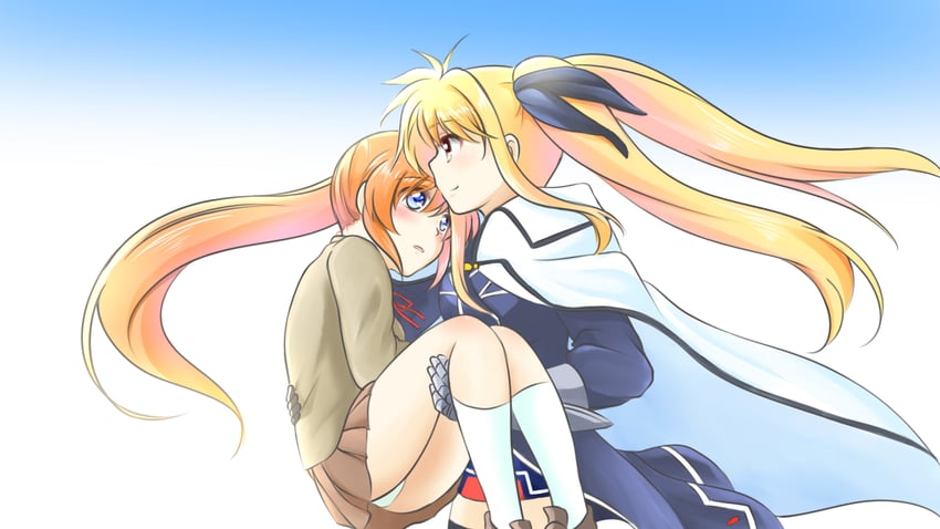 fate testarossa and takamachi nanoha (lyrical nanoha and 1 more) drawn by kerorokjy