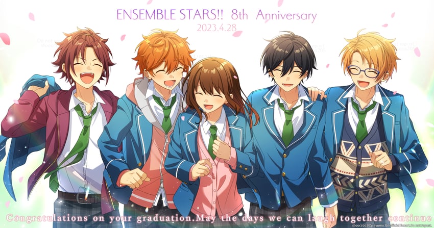 isara mao, anzu, akehoshi subaru, yuuki makoto, and hidaka hokuto (ensemble stars!) drawn by mikawa_ayumu