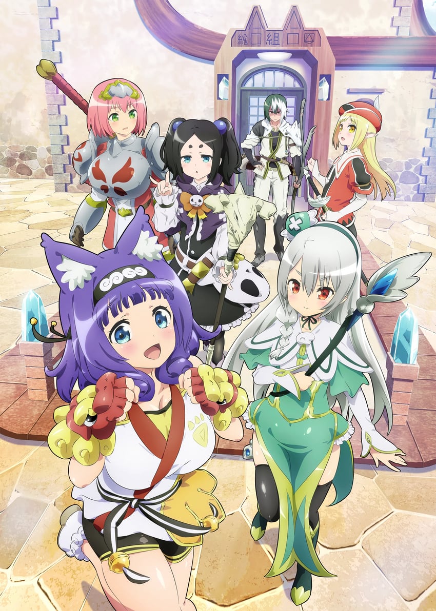tokishikko dana, hitamu kyan, hanabata nohkins, maidena angers, kikuru madan, and 1 more (futoku no guild) drawn by kaneko_hiraku