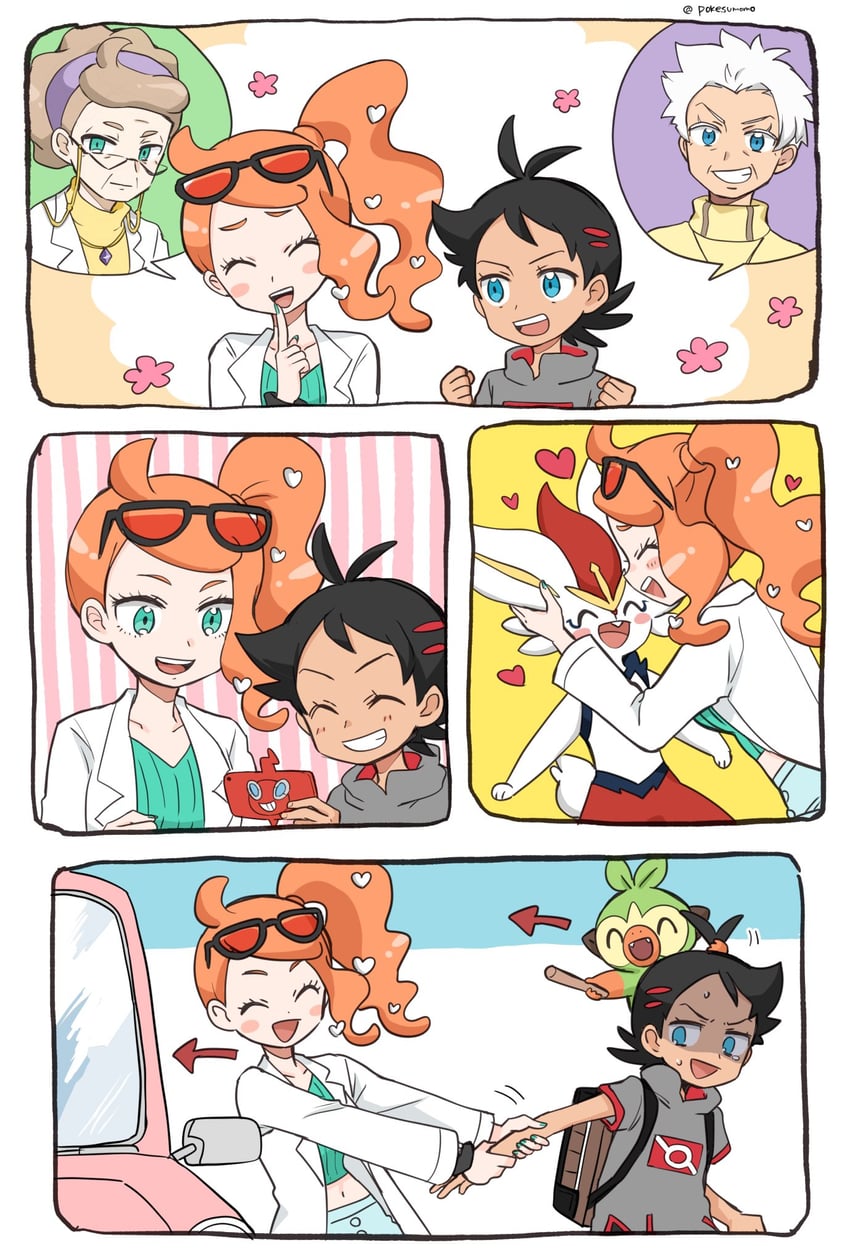 rotom, sonia, rotom phone, grookey, goh, and 3 more (pokemon and 1 more) drawn by pokesumomo