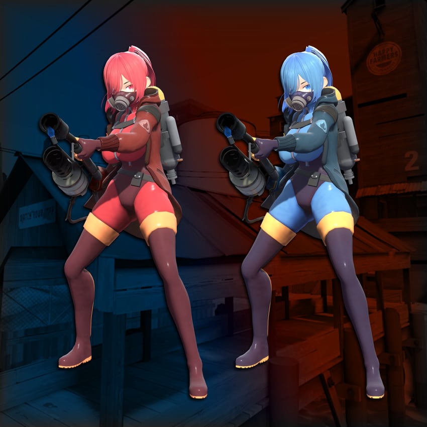 pyro, red pyro, and blu pyro (team fortress 2) drawn by tedwin66