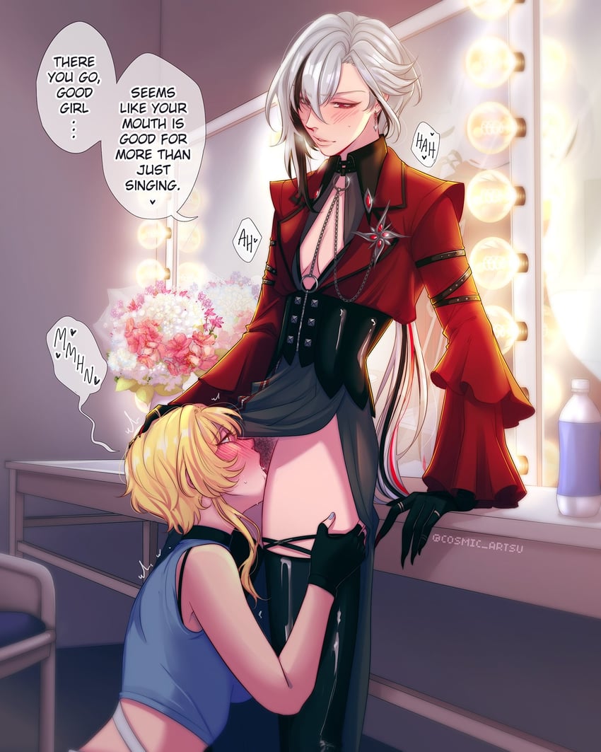 lumine and arlecchino (genshin impact) drawn by misa_(cosmic_artsu)