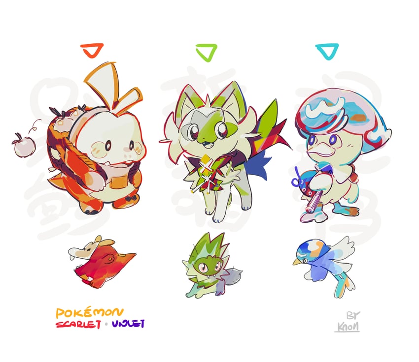 sprigatito, fuecoco, and quaxly (pokemon and 1 more) drawn by knoll_the_plaid