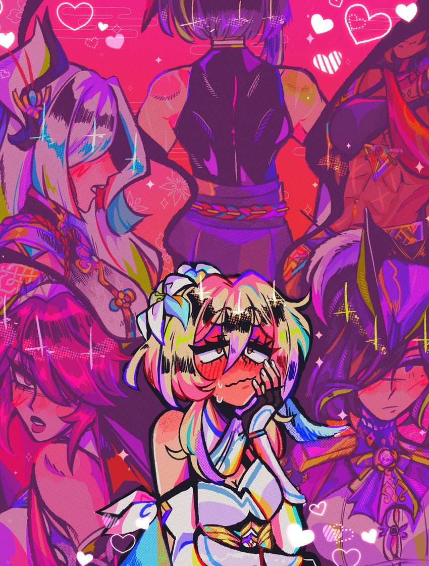 lumine, shenhe, clorinde, kujou sara, dehya, and 1 more (genshin impact) drawn by nuwi_(furinuwi)