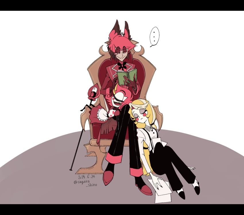 charlie morningstar, alastor, and niffty (hazbin hotel) drawn by sagara_shino
