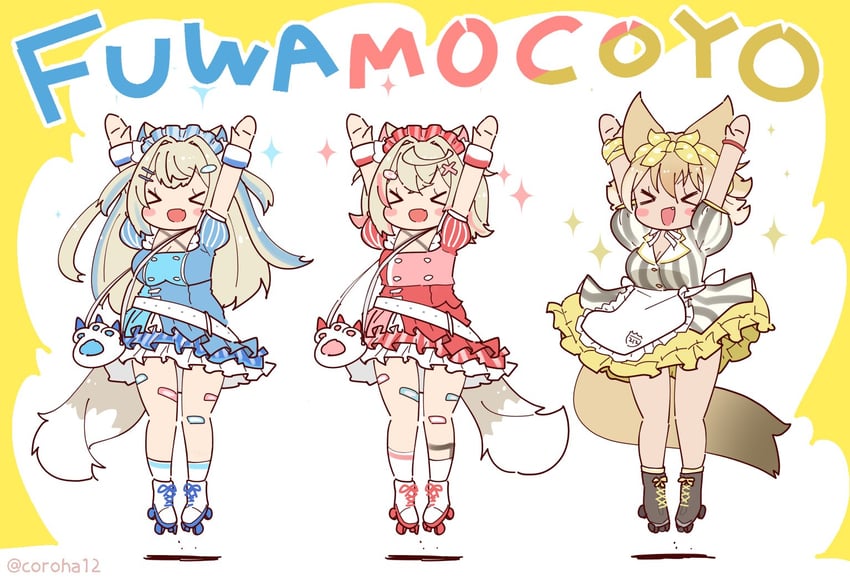 fuwawa abyssgard, mococo abyssgard, and coyote (hololive and 3 more) drawn by coroha