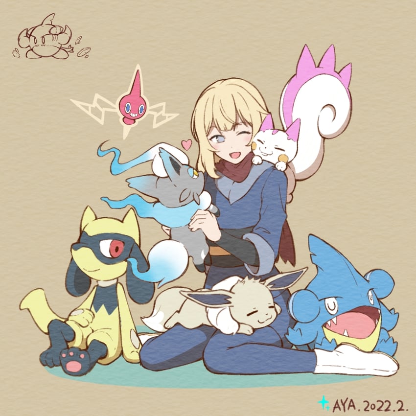 eevee, rotom, akari, pachirisu, riolu, and 2 more (pokemon and 1 more) drawn by aya-zard