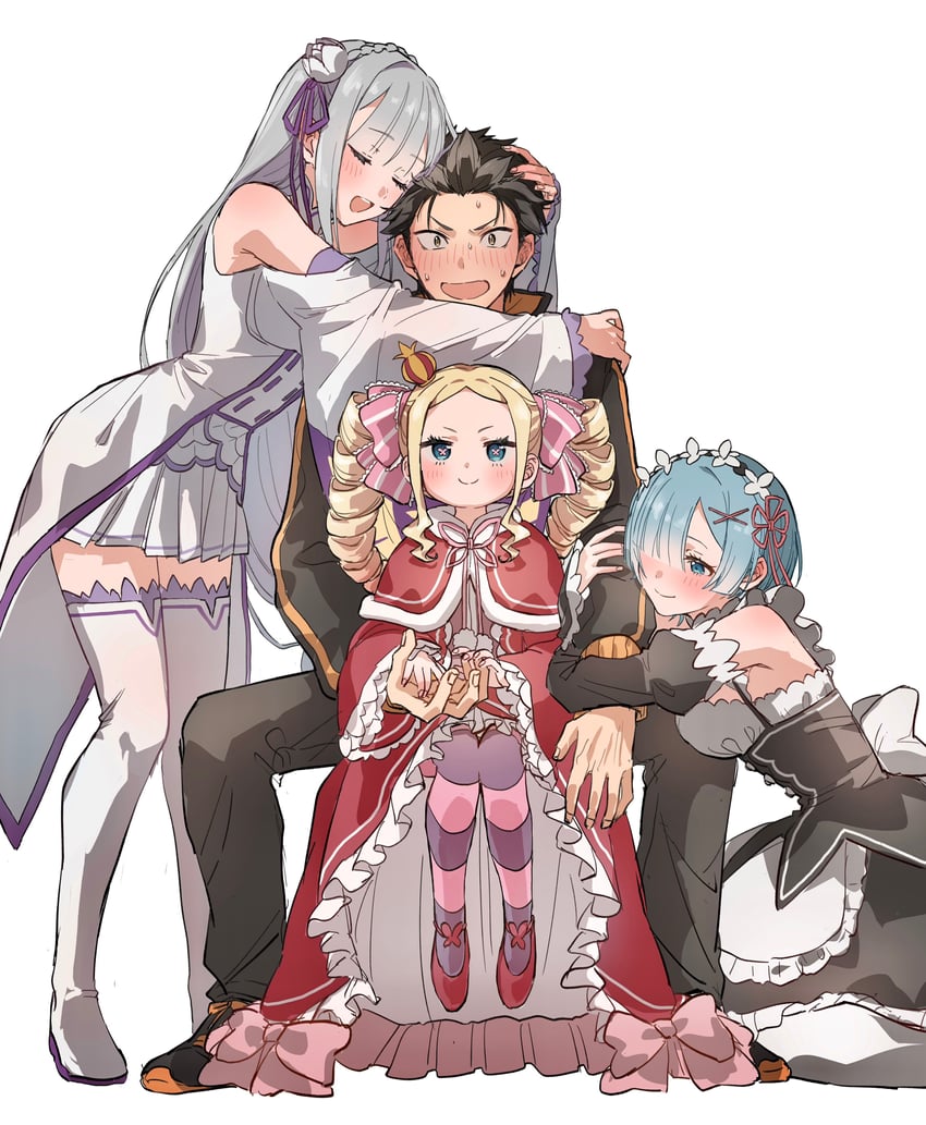 rem, emilia, natsuki subaru, and beatrice (re:zero kara hajimeru isekai seikatsu) drawn by yakitate_maaam