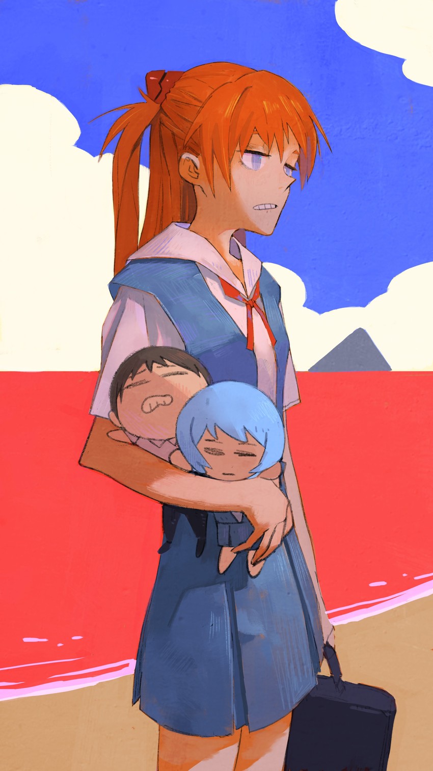 souryuu asuka langley, ayanami rei, and ikari shinji (neon genesis evangelion) drawn by hekoko