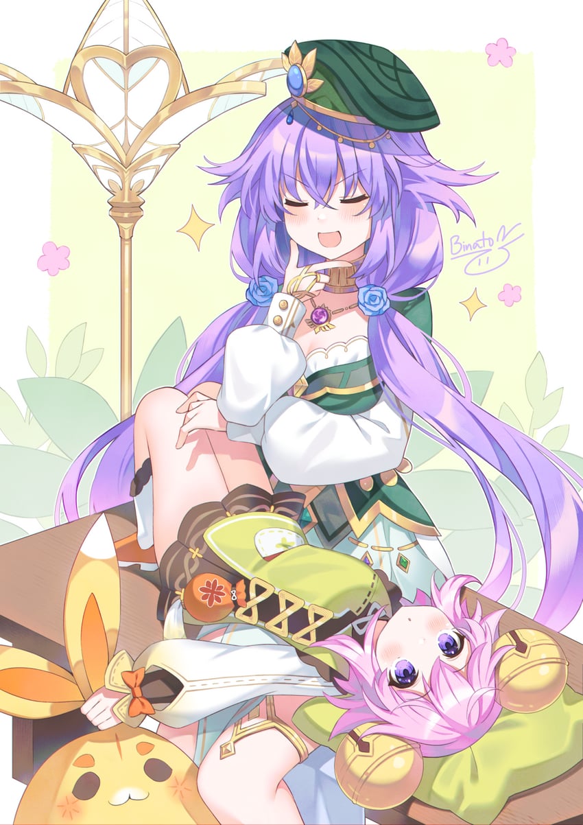 neptune, purple heart, yaoyao, yuegui, tanaka rie, and 1 more (genshin impact and 1 more) drawn by binato_lulu