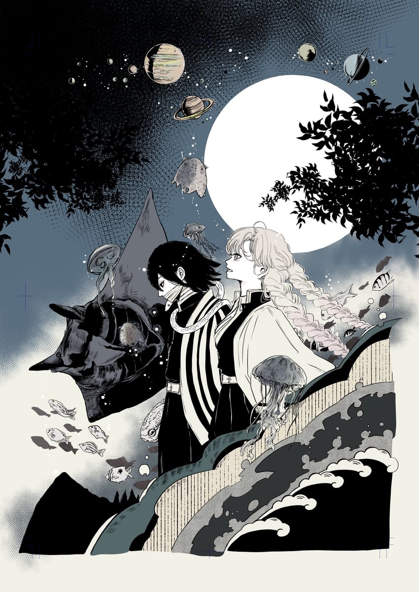 kanroji mitsuri and iguro obanai (kimetsu no yaiba) drawn by comeback_fleet