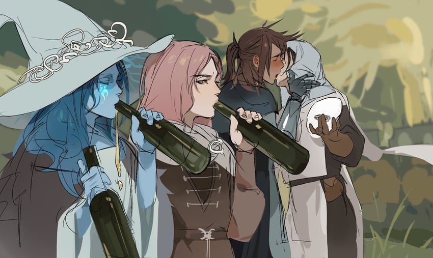 ranni the witch, tarnished, melina, and white-faced varre (elden ring) drawn by 34am
