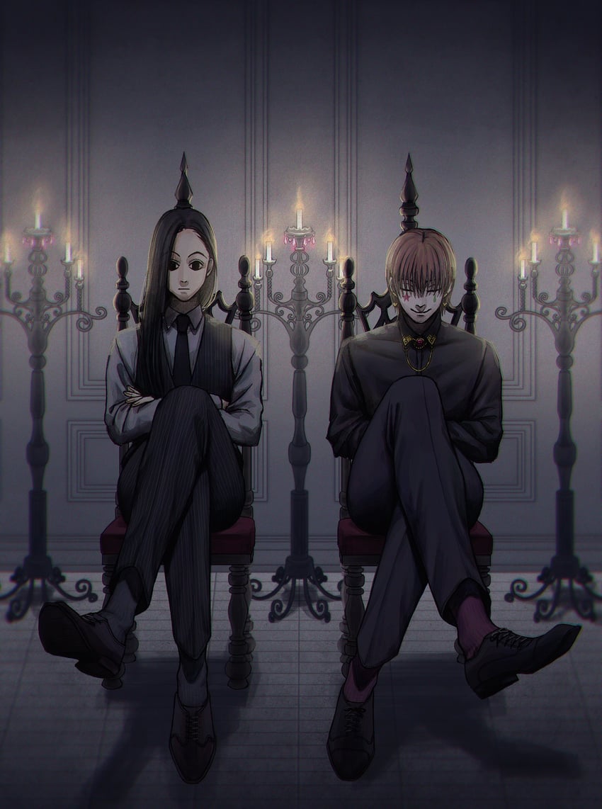 hisoka morow and illumi zoldyck (hunter x hunter) drawn by okaokaokaoooo