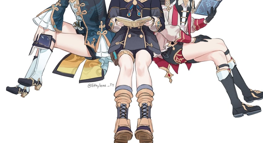 xingqiu, freminet, and dahlia (genshin impact) drawn by ethylene_ty