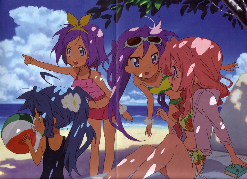 hiiragi kagami, izumi konata, hiiragi tsukasa, and takara miyuki (lucky star)