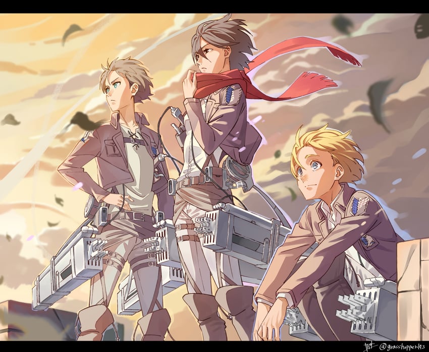 mikasa ackerman, eren yeager, and armin arlert (shingeki no kyojin) drawn by grasshopper193