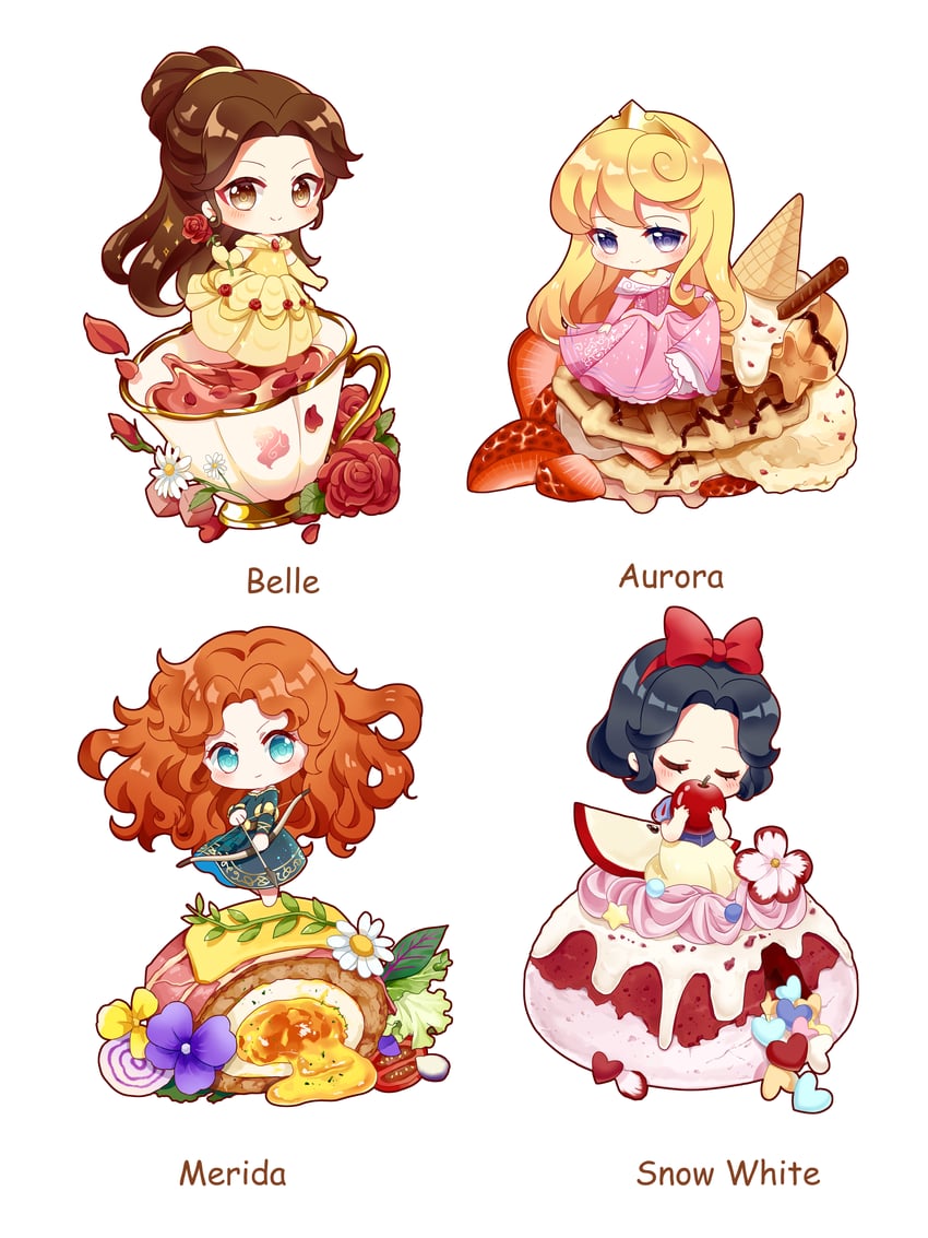 snow white, belle, aurora, and merida (disney and 5 more) drawn by axiang_seika