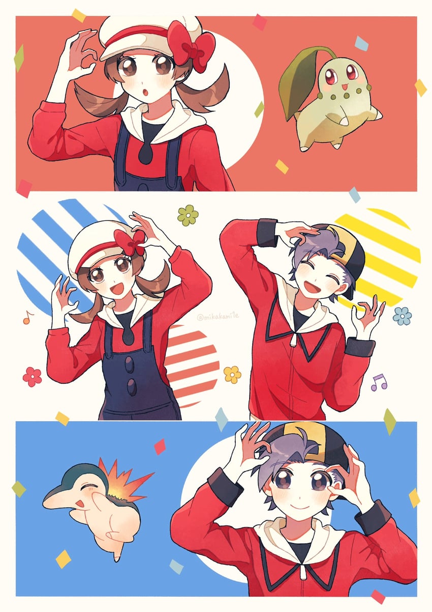 ethan, lyra, cyndaquil, and chikorita (pokemon and 2 more) drawn by mikakami1e