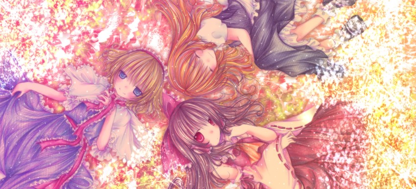 hakurei reimu, kirisame marisa, and alice margatroid (touhou) drawn by kasuga_sunao