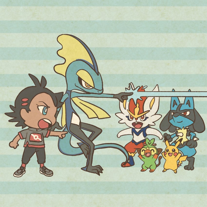 pikachu, lucario, grookey, goh, cinderace, and 1 more (pokemon and 1 more) drawn by mojacookie