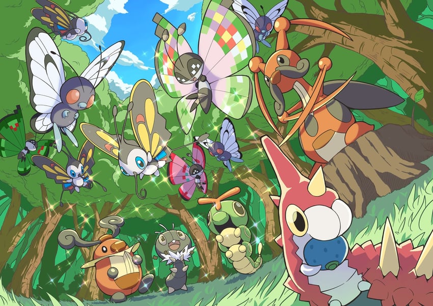 butterfree, caterpie, beautifly, vivillon, wurmple, and 3 more (pokemon) drawn by q-chan