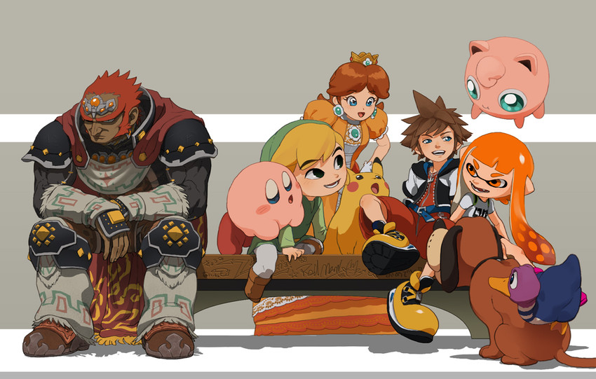 link, inkling player character, pikachu, inkling girl, kirby, and 7 more (pokemon and 11 more) drawn by assemblerones