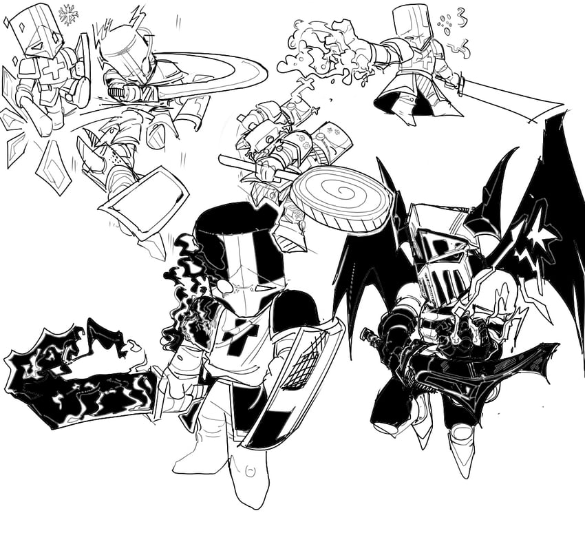 red knight, blue knight, green knight, orange knight, pink knight, and 3 more (castle crashers) drawn by egg_(sa1324575446)