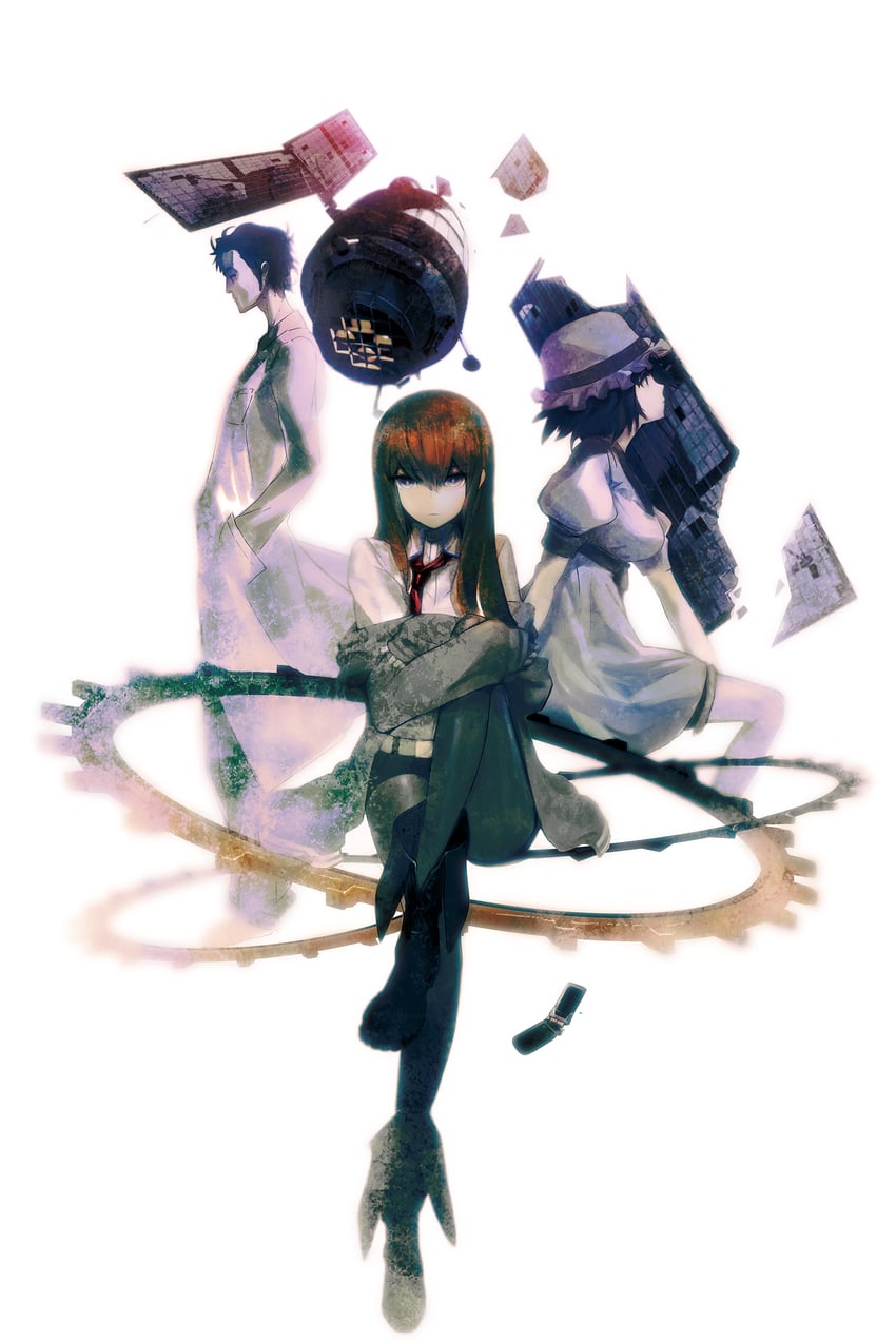 makise kurisu, okabe rintarou, and shiina mayuri (steins;gate) drawn by huke