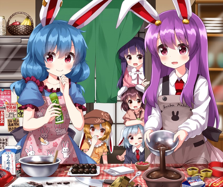 reisen udongein inaba, houraisan kaguya, inaba tewi, seiran, ringo, and 1 more (touhou) drawn by ruu_(tksymkw)