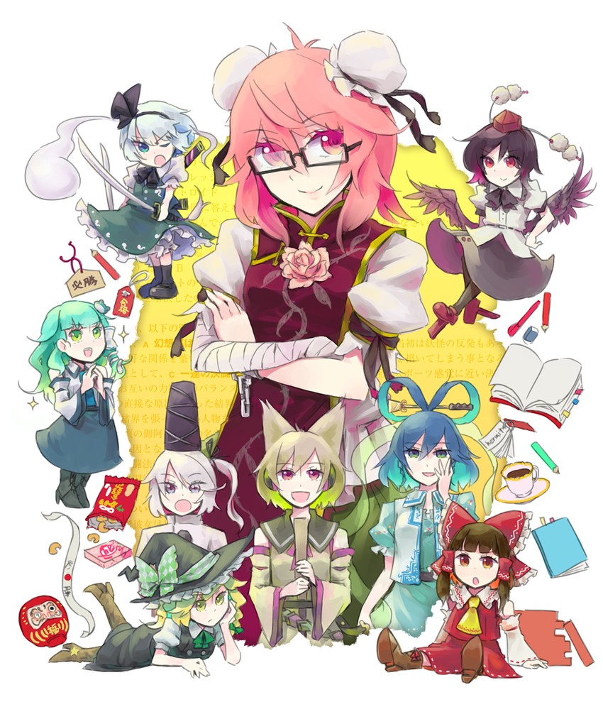 hakurei reimu, kirisame marisa, kochiya sanae, konpaku youmu, shameimaru aya, and 4 more (touhou) drawn by kusugi_tai