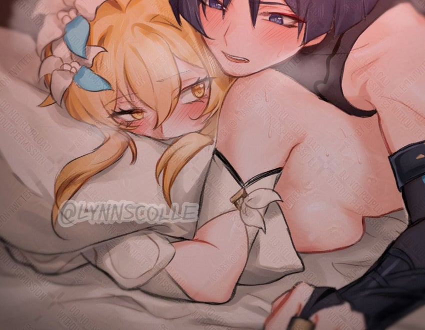 lumine, scaramouche, and wanderer (genshin impact) drawn by meilynn-hayakan