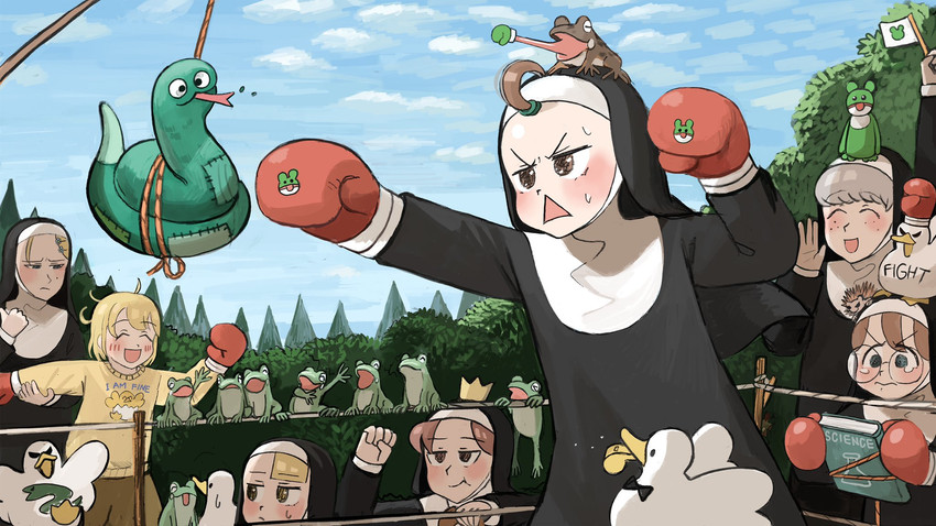 clumsy nun, froggy nun, spicy nun, strict nun, sheep nun, and 2 more (little nuns) drawn by diva_(hyxpk)
