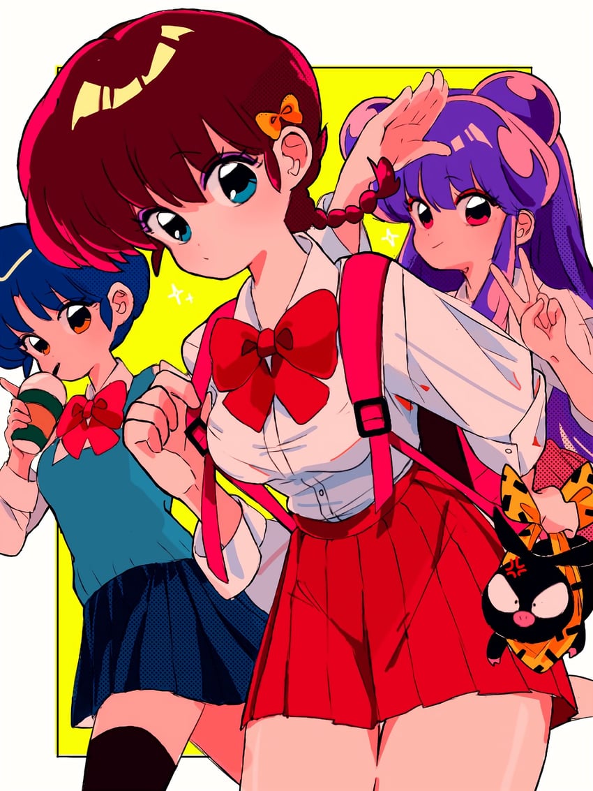 ranma-chan, shampoo, tendou akane, and p-chan (ranma 1/2) drawn by sanamaru_(sana79261827)