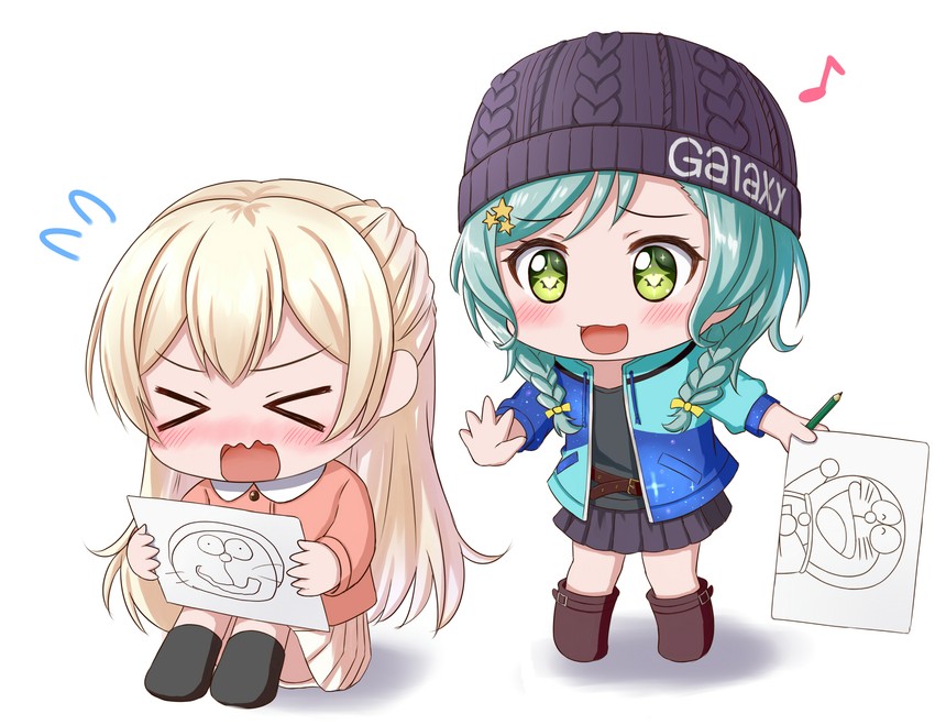 hikawa hina, doraemon, and shirasagi chisato (bang dream! and 1 more) drawn by lilium443