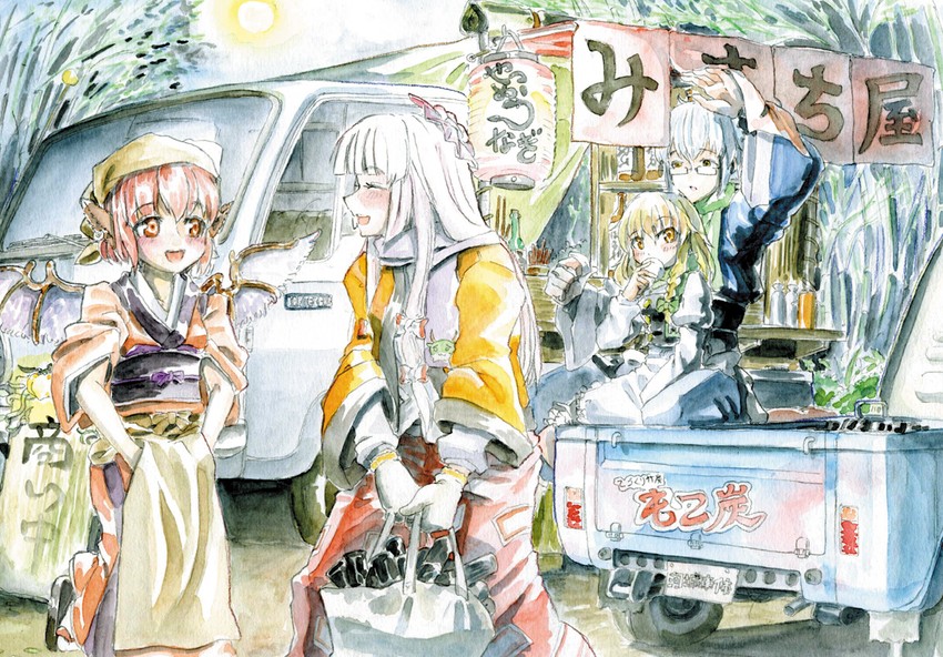 kirisame marisa, fujiwara no mokou, kamishirasawa keine, mystia lorelei, morichika rinnosuke, and 3 more (touhou and 2 more) drawn by master_(4th)