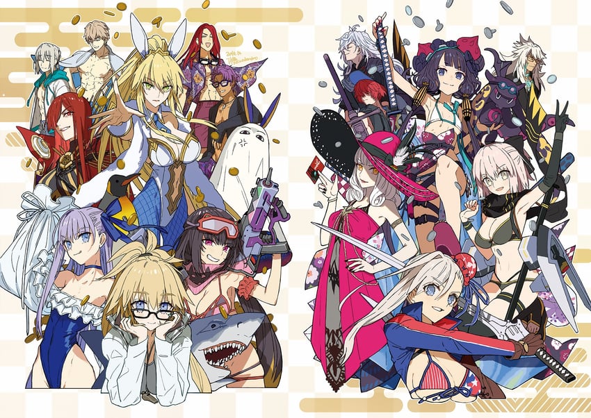 artoria pendragon, jeanne d'arc, okita souji, meltryllis, miyamoto musashi, and 15 more (fate and 1 more) drawn by wada_arco