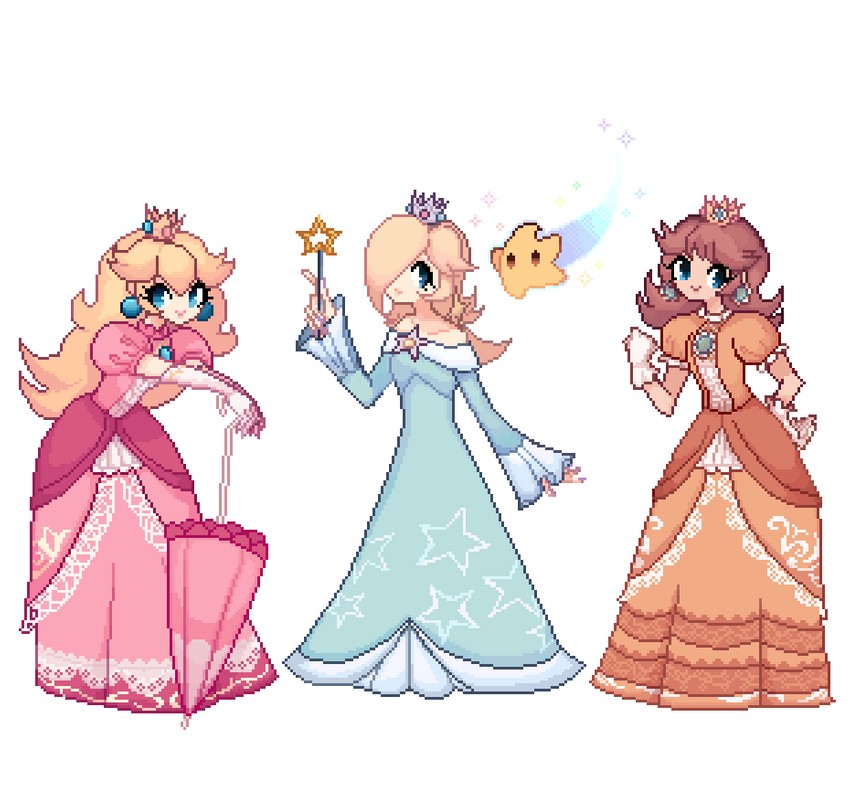 princess peach, rosalina, princess daisy, and luma (mario and 1 more) drawn by charamells