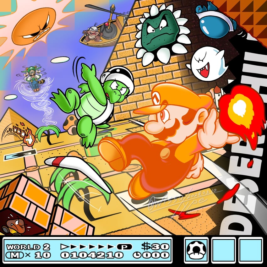 mario, luigi, boo, morton koopa jr., thwomp, and 7 more (mario and 1 more) drawn by wissu_type