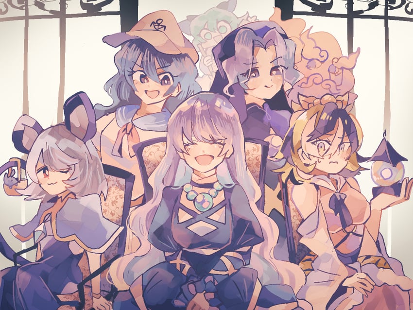 nazrin, hijiri byakuren, toramaru shou, murasa minamitsu, kasodani kyouko, and 1 more (touhou and 1 more) drawn by ratto_(mobilis_1870)