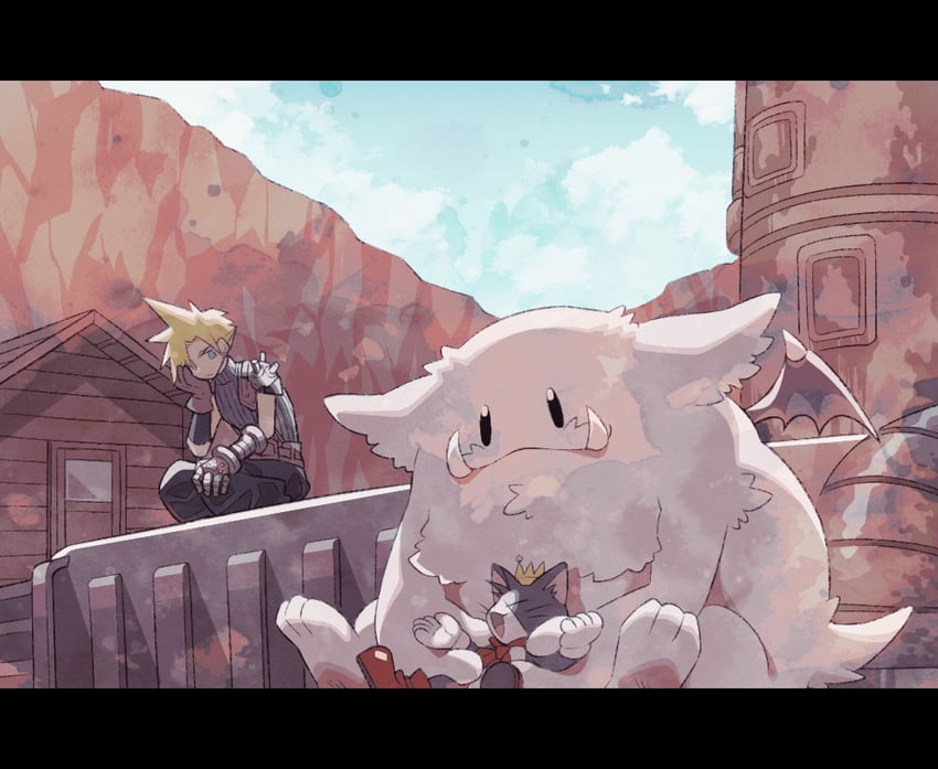cloud strife, moogle, and cait sith (final fantasy and 1 more) drawn by minashirazu